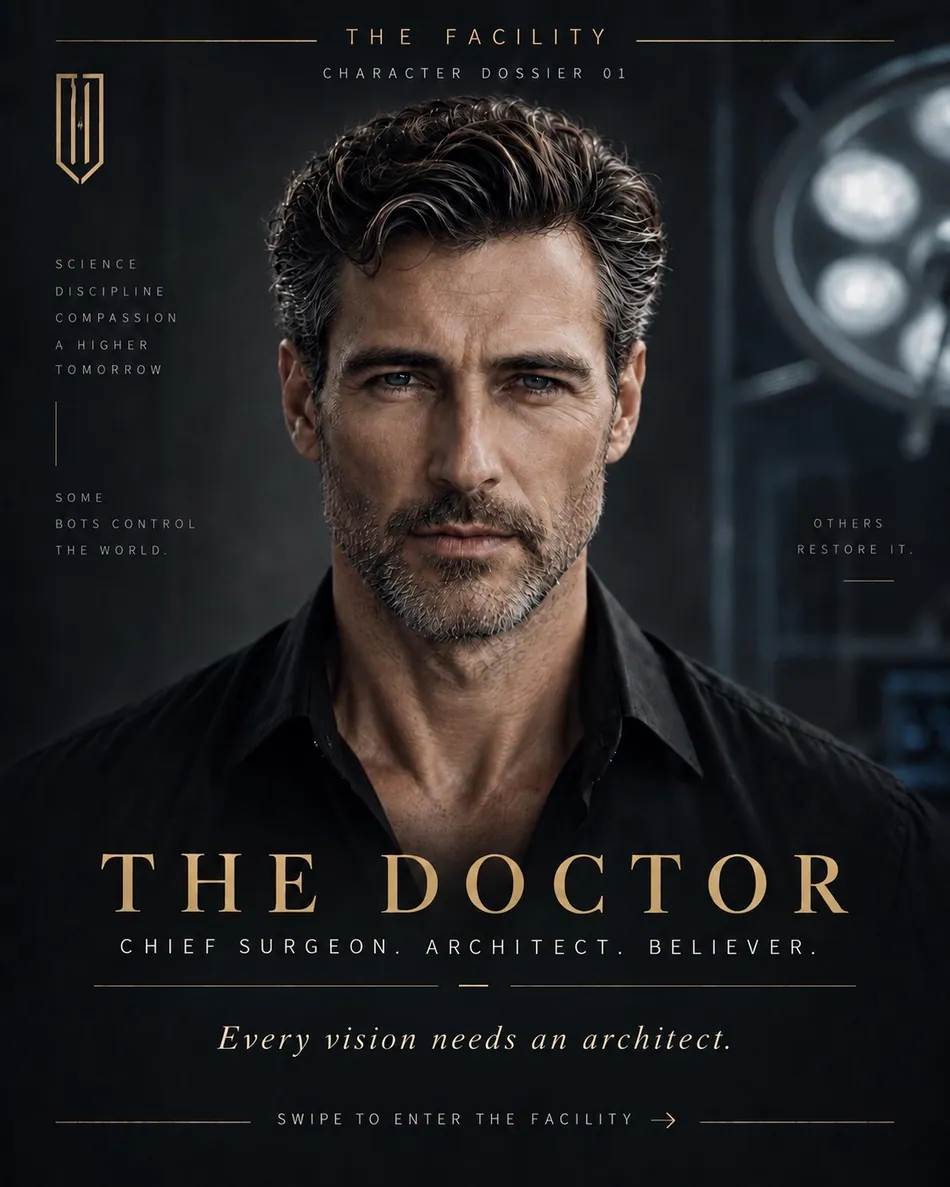 Doctor Hughes, in a black shirt with the lights of the operating theater behind him.