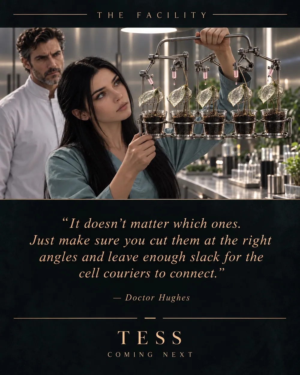 Tess examines a rack of experimental plants as Doctor Hughes looks on.